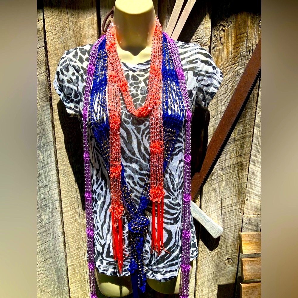 3 NEW glitter beaded skinny tassel scarves. Peach, lavender, royal blue. Cute!